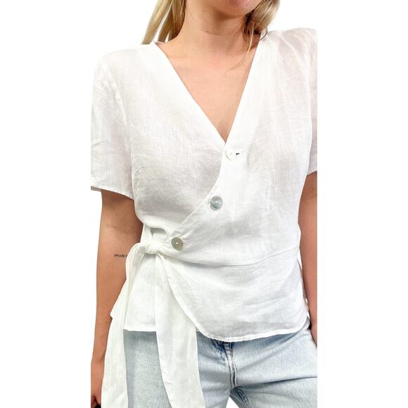 H&M 100% Linen Peplum Wrap Blouse Women’s SZ 8 White Tie Pearl Buttons EUC - Picture 1 of 14